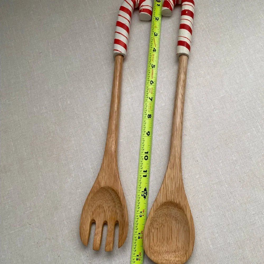 Vintage Christmas Wooden Salad Servers spoons with‎ Candy Cane Handles